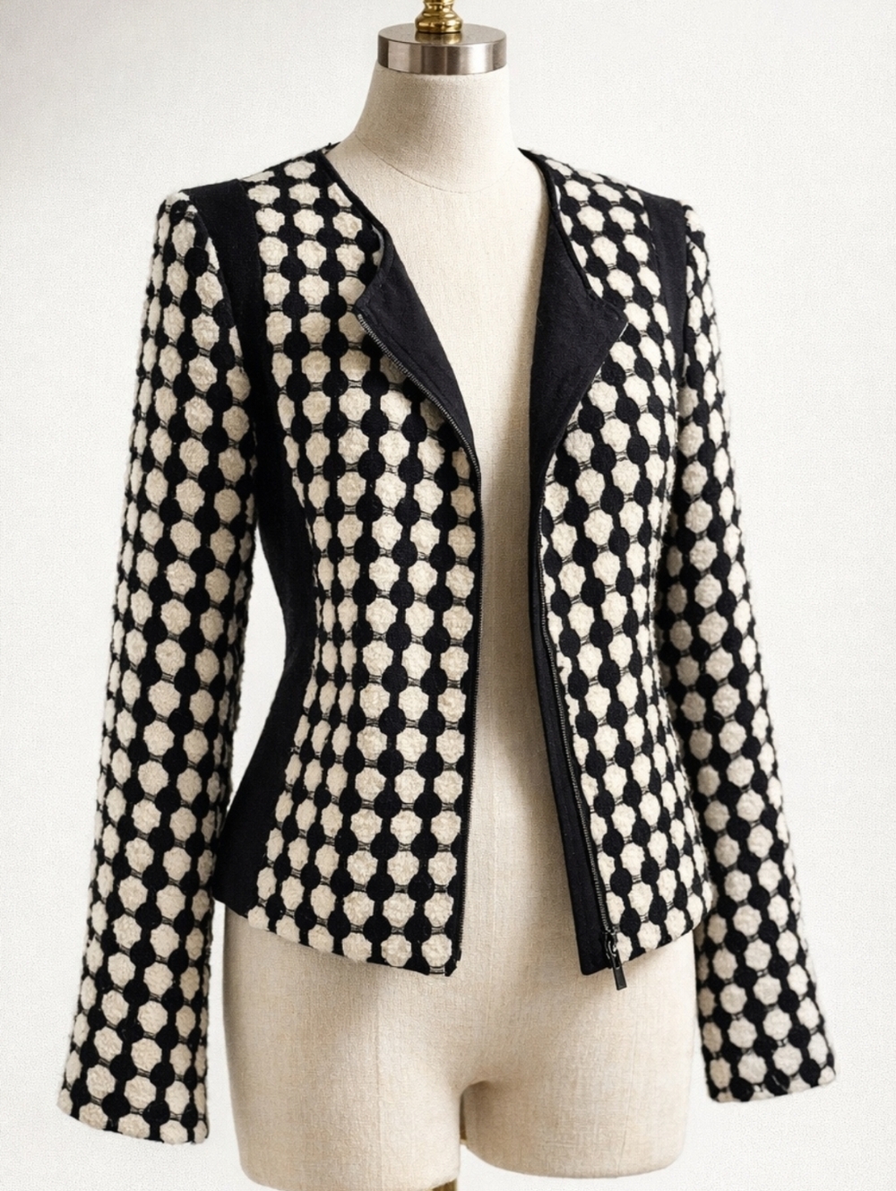 H&M Black Ivory Textured Woven Jacket Collarless Geometric Zip Blazer 10